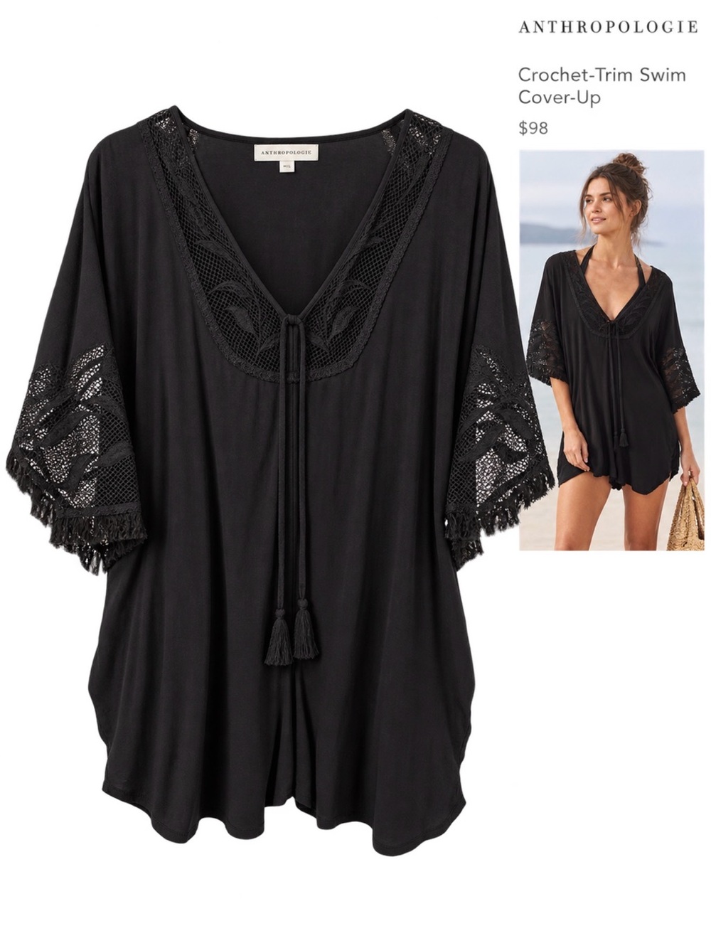 NWT Anthropologie Black Crochet-Trim Swim Coverup with Tassel Tie SizeM/L Petite